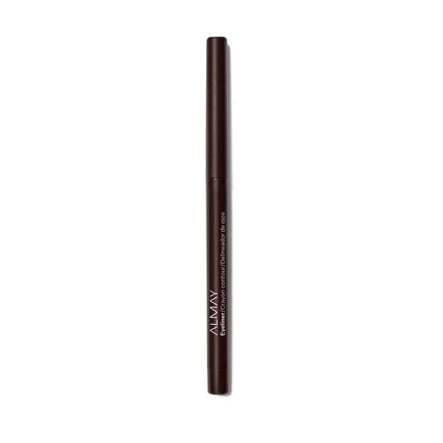 Almay Liquid Eyeliner, oil free and water resistant pencil eyeliner in dark brown with built-in sharpener, slim cylindrical design with white brand text, long lasting and smudge proof formula, ophthalmologist tested and hypoallergenic for sensitive eyes