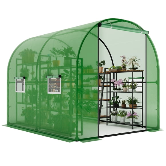 Serre de Marche 8,2 X 6,6 X 6,6 Pi avec Cadre en Acier et Couvercle UV, Portes, Fenêtres en Treillis et Système d'Arrosage, Serre Tunnel Chaude pour Légumes et Fleurs, Vert Transparent