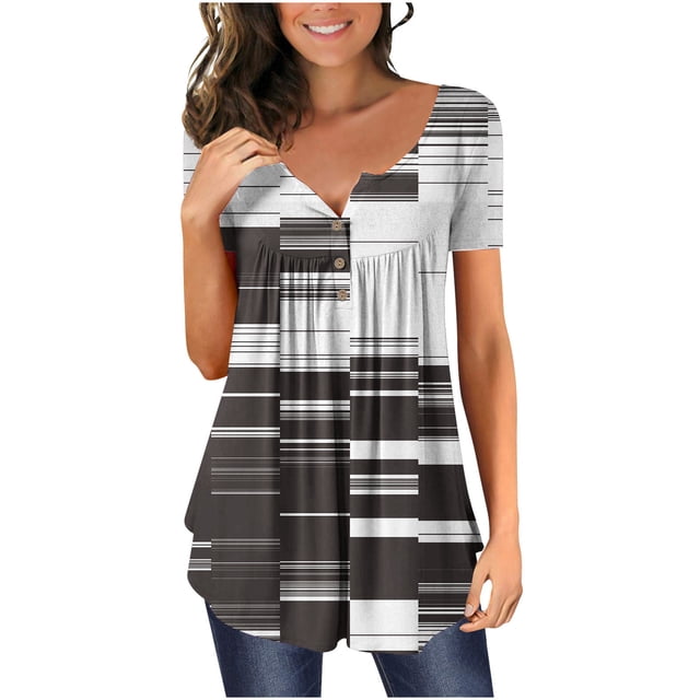 T-shirt à Manches Courtes pour Femmes, Mode, Col en V, Dégradé Imprimé, Tuniques, Boutons