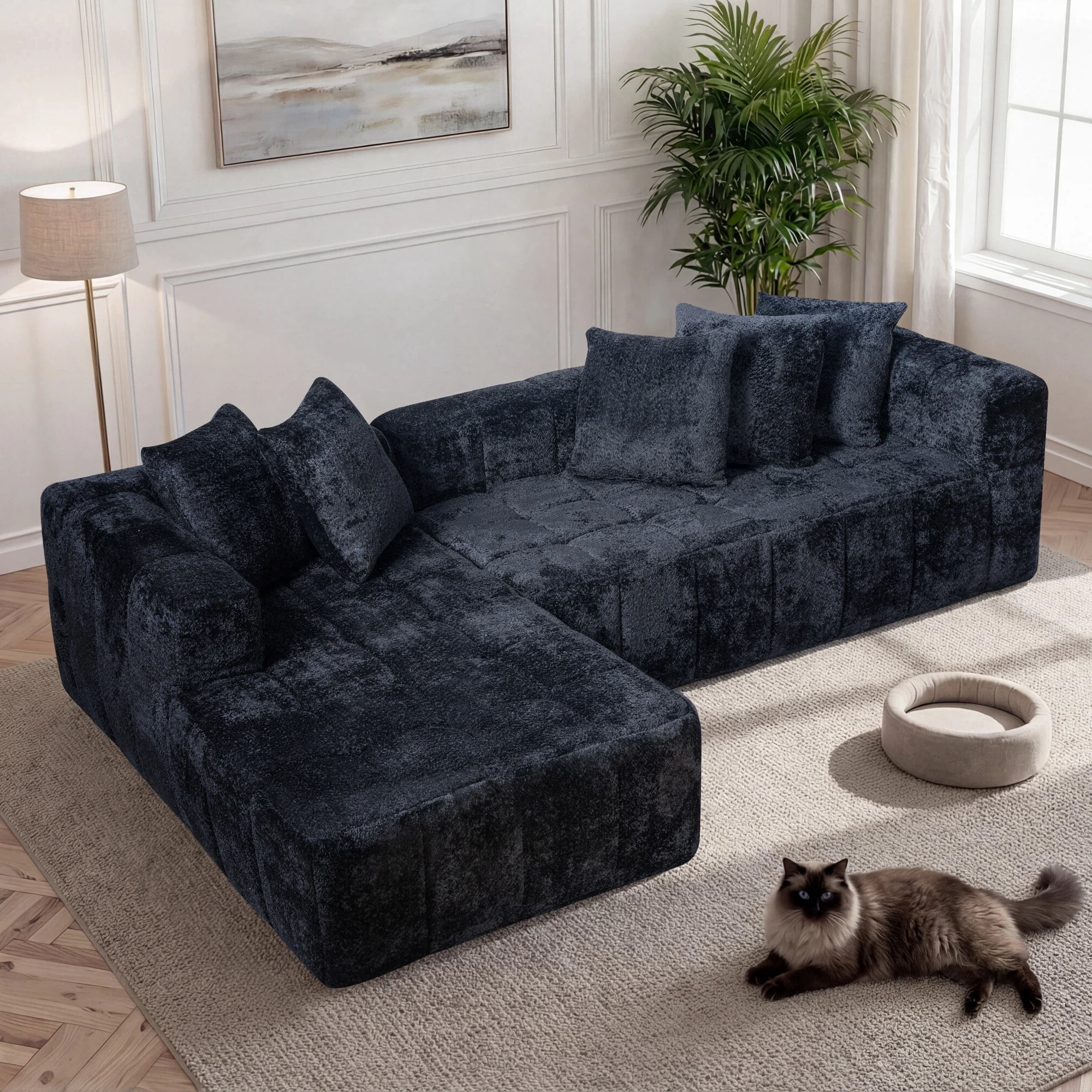 Noble House 107.9" Cloud Modular Sectional Sofa,L-Shape Chaise with Deep Seat for Living Room Bedroom,Black