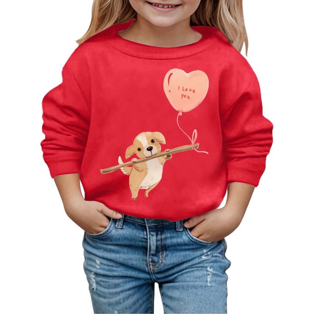 PMVFHDE Chandails à Col Rond Fille Automne et Hiver Saint-Valentin à la Mode et Intéressant Imprimé Chiot Chandail à Capuchon pour Enfants Rouge Melon D\'eau, 2-3 Ans