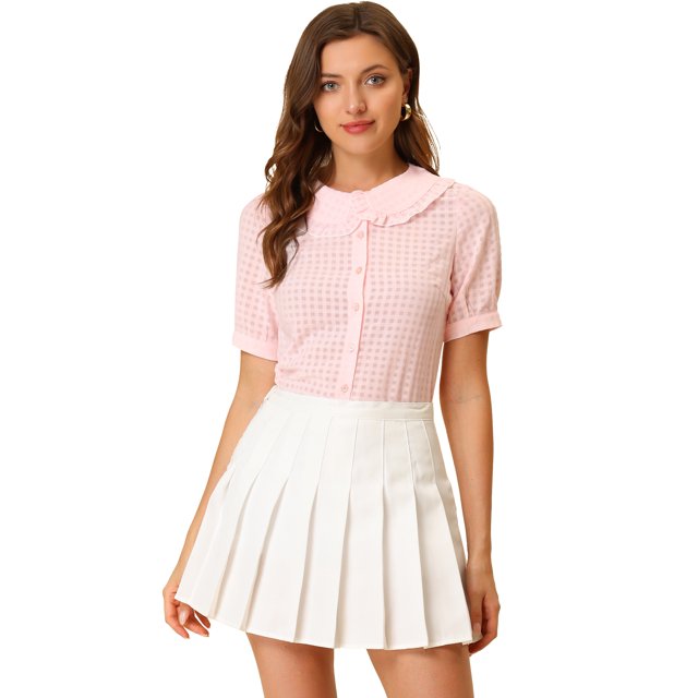 INSPIRE CHIC Blouse à Boutons Vichy pour Femme à Col Peter Pan avec Volants m Rose