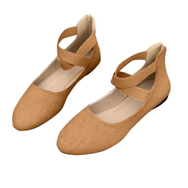 Ladys Single Shoes Suede Surface Elastic Ankle Strap Soft Sole Pointy Toe Flats Bottom Ballet Rear Ankle Zipper Shoes New Large Size Shallow Mouth Elastic Flat Shoes Khaki