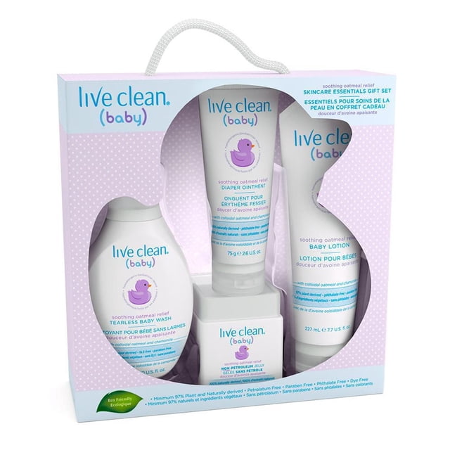 Live Clean Baby Skin Care Essentials Gift Set - Soothing Relief containing tearless baby wash, diaper ointment, baby lotion, and non-petroleum jelly with colloidal oatmeal and chamomile in recyclable packaging for gentle, plant-based baby skin care.