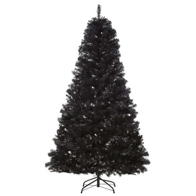 HOMCOM 7ft Artificial Christmas Tree in black with a realistic spruce tree design. This artificial black Christmas tree features full-bodied PVC branches for a lush appearance, automatic branch opening for easy assembly, and a sturdy metal base for stability. Suitable for holiday or Halloween decor.