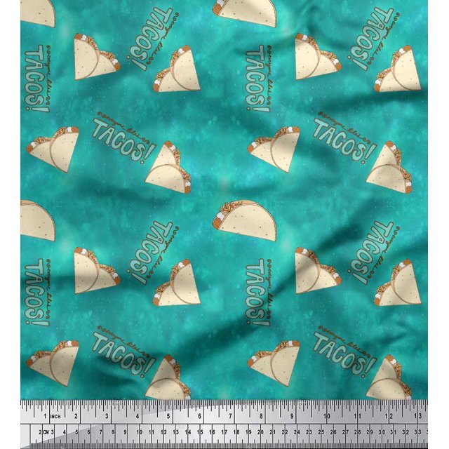 Soimoi Green polyester Crepe Fabric Text & Tacos Food Fabric Prints By Yard 52 Inch Wide