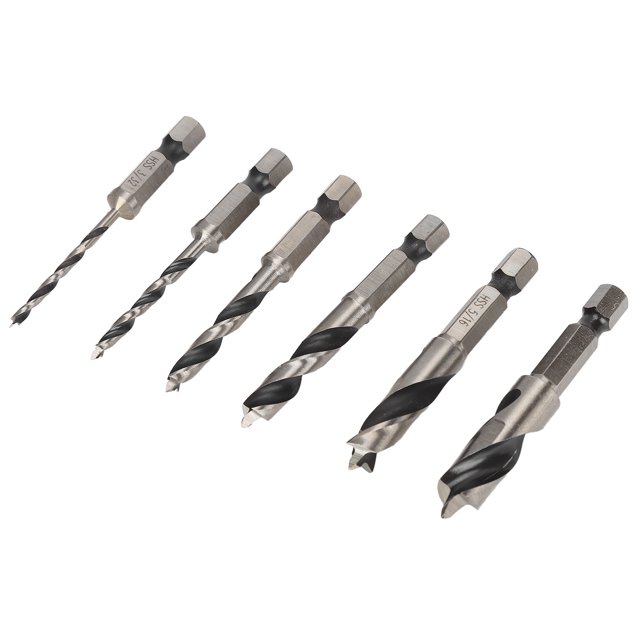 Ensemble de Forets Point par Dewin, Comprenant 6 Pcs de Forets à 3 Points en Acier à Haute Vitesse. l'Ensemble Comprend des Diamètres de Lame de 3/8 Po, 5/16 Po, 1/4 Po, 3/16 Po, 1/8 Po et 3/32 Po, avec une Longueur Totale de 61 mm (2,40 Po) et un Diamètre de Corps de Foret de 1/4 Po. Conçus pour le Travail du Bois, Ces Forets Conviennent aux Bois Durs comme le Chêne, l'Érable et le Cerisier, et Sont Idéaux pour un Perçage Précis