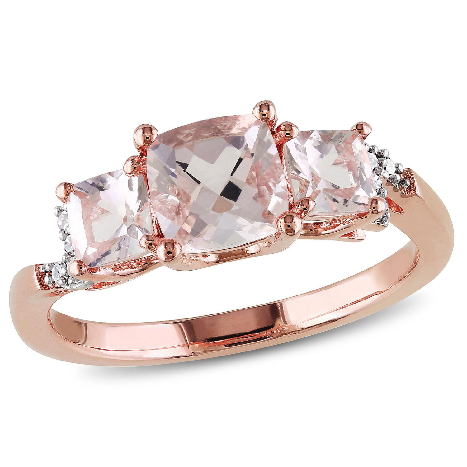 Bague à trois pierres avec morganite d'1,40 ct PBT et accents de diamants en argent sterling plaqué de rhodium rose de Tangelo