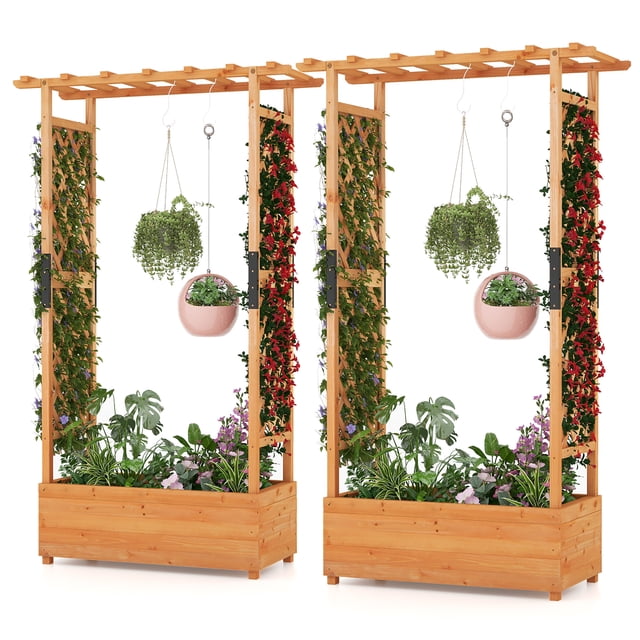 Gymax Lot de 2 Bacs de Jardin Surélevés Verticaux en Bois de Sapin Naturel, avec Treillis pour Plantes Grimpantes et Paniers à Fleurs Suspendus. Chaque Jardinière Mesure 43,5 Pieds' x 17,5 Pieds' x 72 Pieds' et Comprend une Jardinière Profonde avec Trous de drainage pour l'Écoulement de l'Eau et la ventilation. Idéal pour Cultiver des Fleurs, des Herbes et des Légumes sur les patios, Jardins Ou Balcons. Ajout Parfait aux Bacs de Jardinière dans les centres de Jardin.