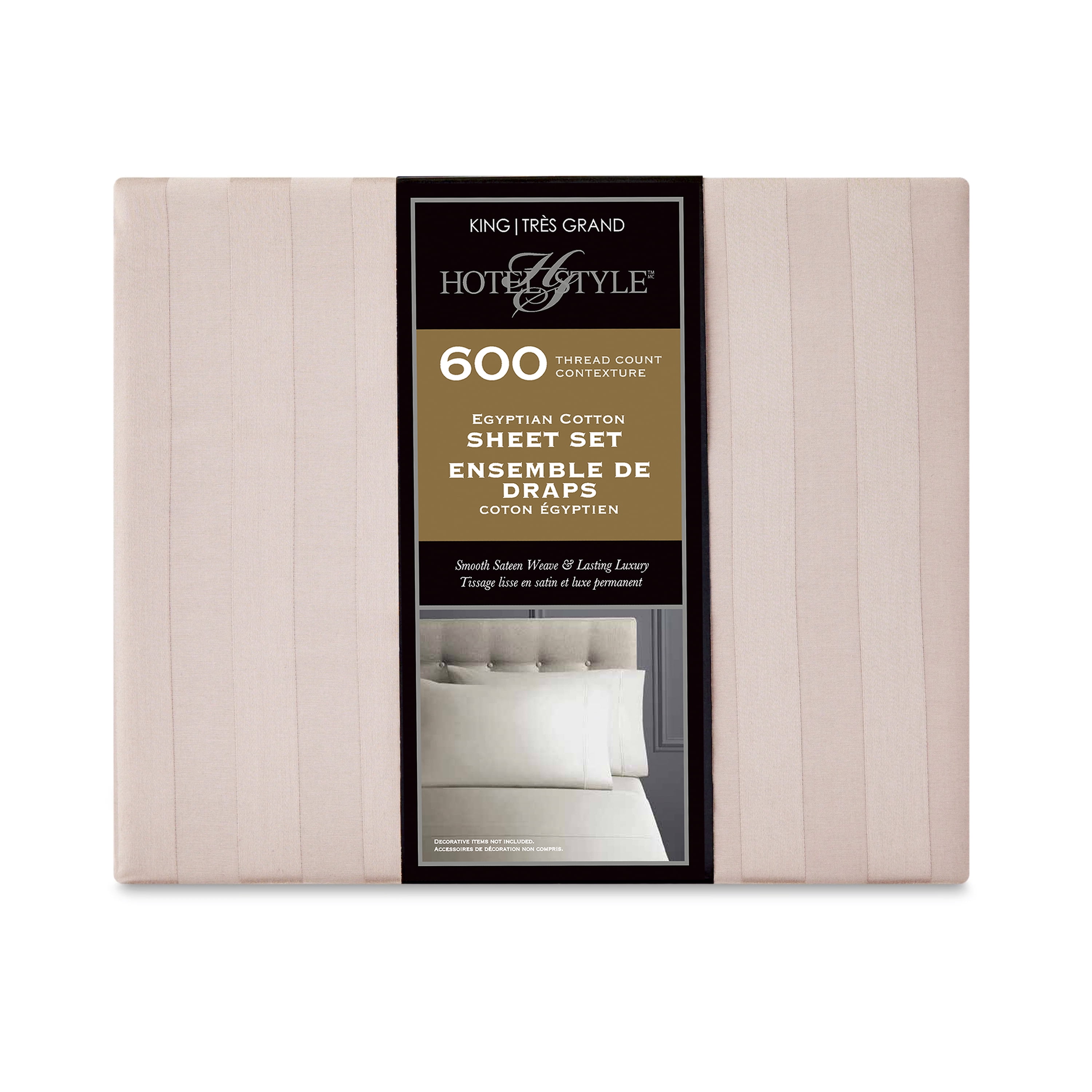 Hotel Style 4-Piece 600 Thread Count Beige Stripe Egyptian Cotton Adult Bed Sheet Set, King-Deep Pocket