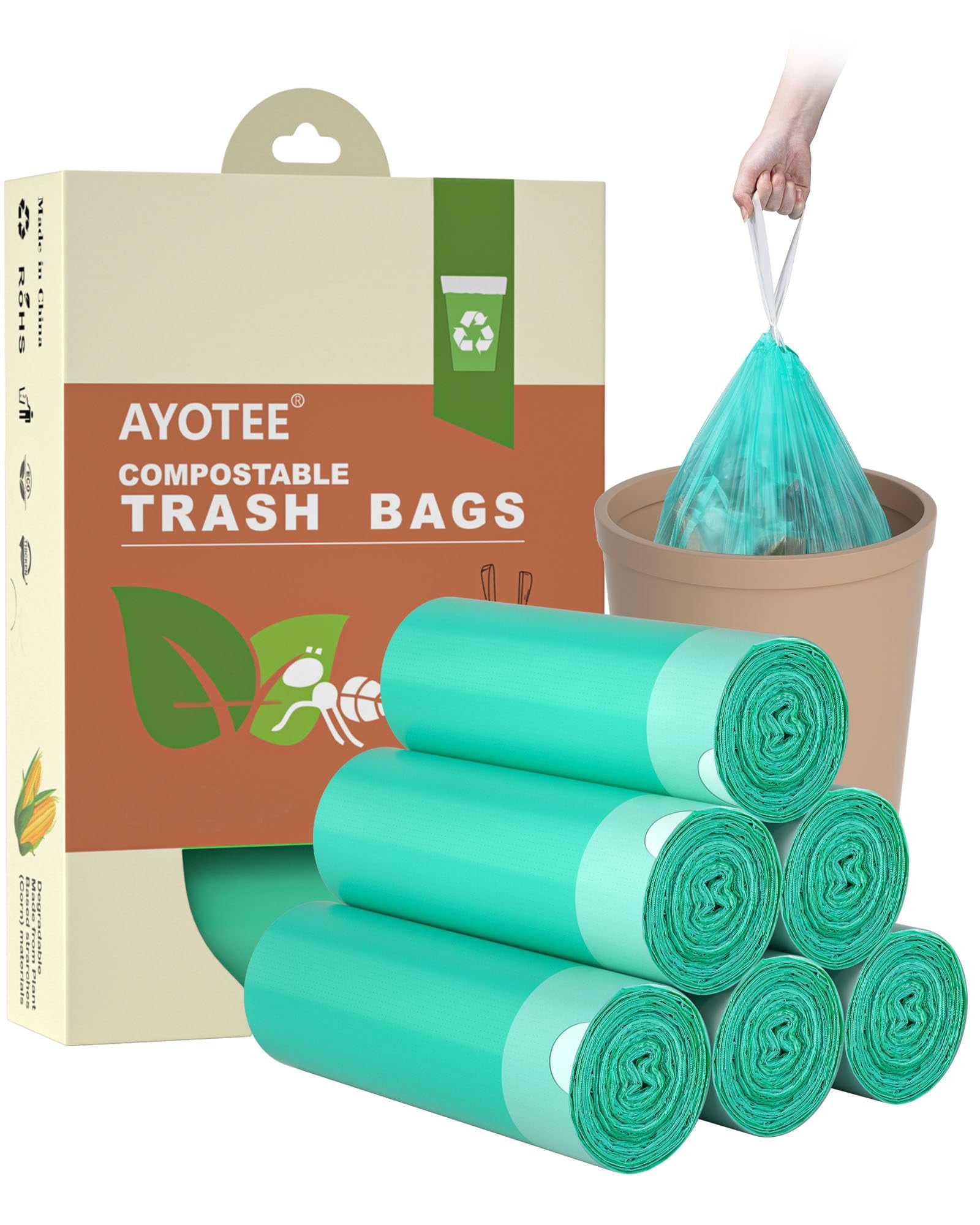 Ayotee Compostable Trash Bags 4 Gallon Drawstring Trash Bags 100 Counts Ultra Strong Unscented Garbage Bag Small Trashbags Waste Basket Liners For Bathroom Kitchen Car Pet