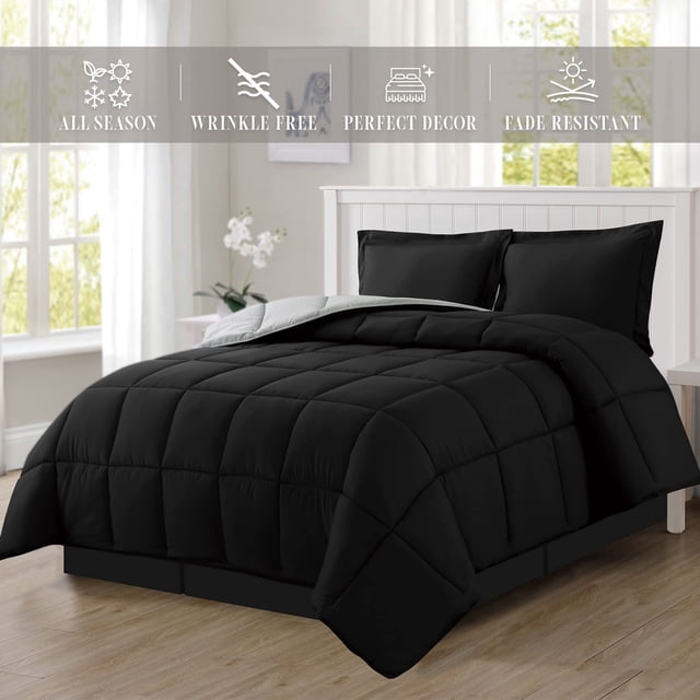 Mocassi Reversible 3-Piece Comforter Set with Matching Shams, Two Colors in One for Ultimate Versatility and Style, Full/Queen, Black/Silver