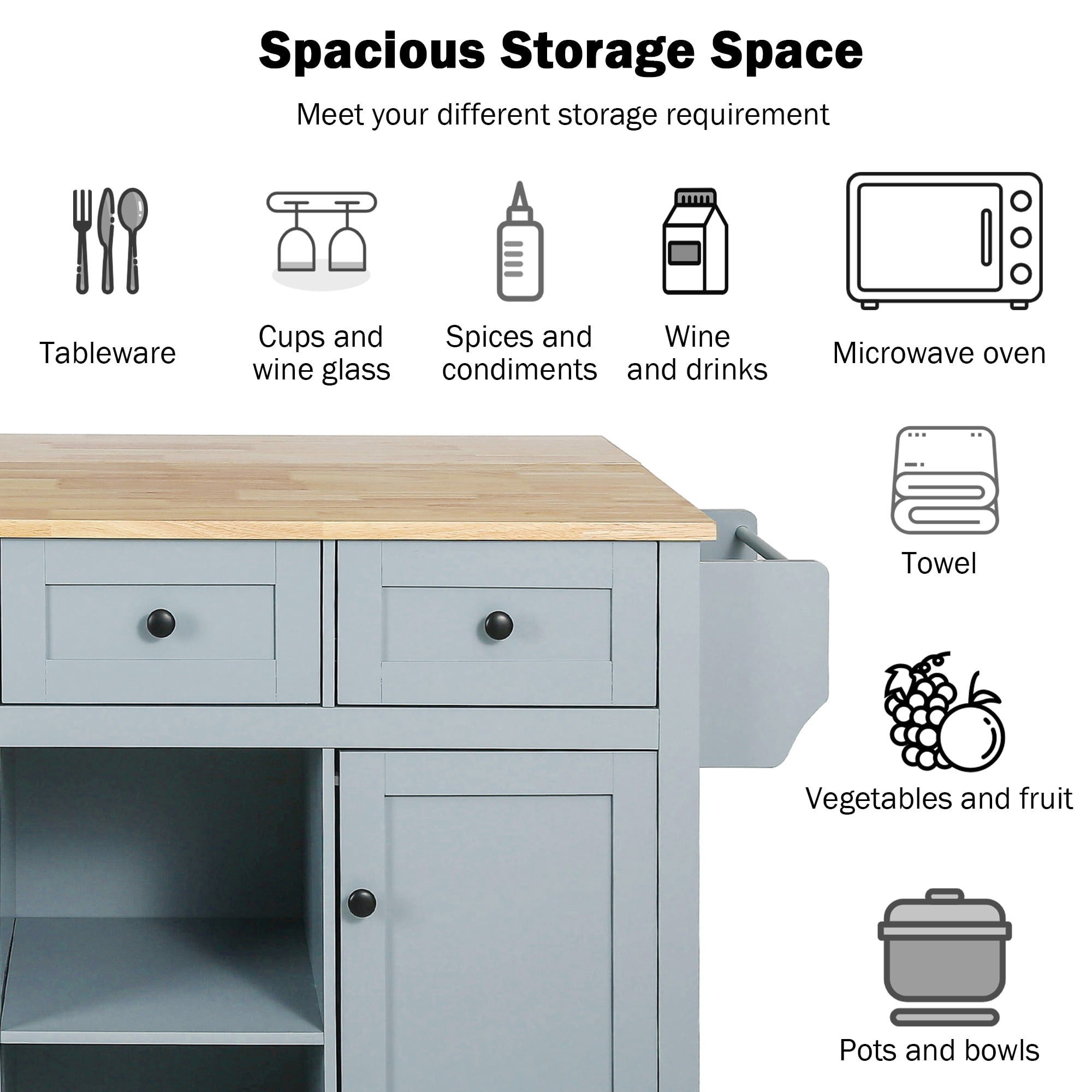 Îlot de cuisine Homy Casa, plateau pliable, 3 tiroirs, rangement, bleu