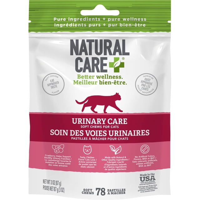 Natural Care Urinary Care Chicken Daily Chews Cat Supplement package containing 78 soft chews that support cat urinary tract health with natural ingredients like cranberry and Oregon grape root, chicken flavored, made in the USA without artificial colors or flavors, suitable as a daily cat vitamin supplement.