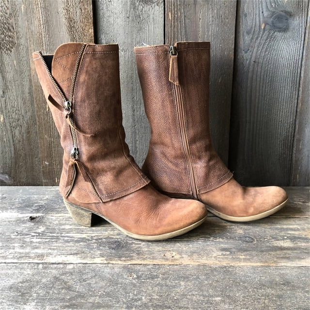 LSLJS Bottes à Lacets Mode pour Femmes Rétro Western Cowboy Bottes en Tricot Décontractées Chaudes à Talons Bas Bottes Mi-Mollet, Bottes Plates pour Femmes, Bottes pour Femmes