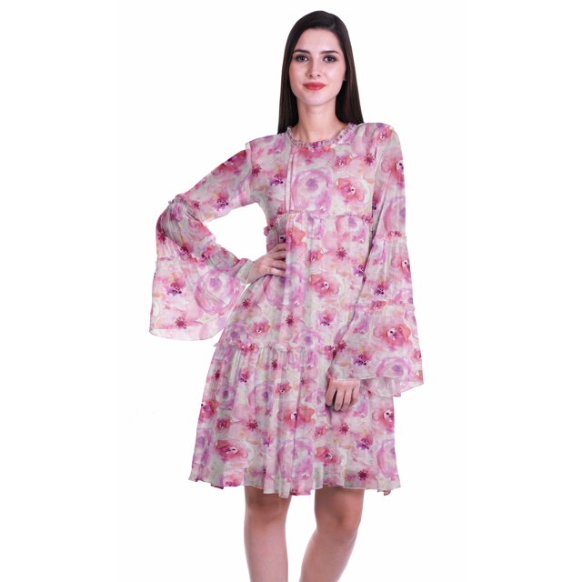 Moomaya Robe d'Été Fluide à Manches Longues Imprimée pour Femmes, Longueur Genou, Évasée