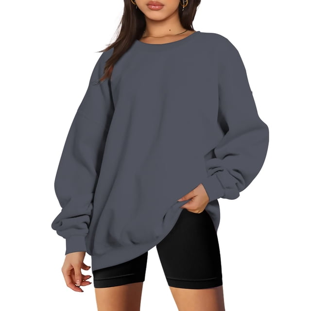 Nouveaux Hauts pour Femmes 2023 Mode Manches Longues Col Rond Chandail en Molleton Ample Blouse Unie Coupe Décontractée Chandail en Molleton Oversize pour Femmes