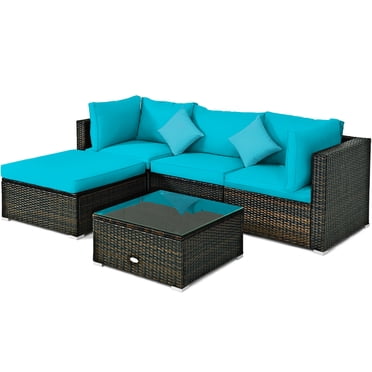 Patiojoy Ensemble de Canapé Sectionnel d'Extérieur en Rotin 5 Pcs pour Patio avec Coussins de Dossier et d'Assise Doux Turquoise