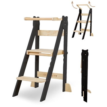FOOWIN Foldable Toddler Kitchen Tower, Standing Stools for Toddlers and Kids 1.5 Years to 6 Years, Black