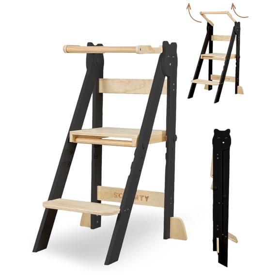 FOOWIN Tour de Cuisine Pliable pour Tout-Petits, Tabourets Debout pour Tout-Petits et Enfants de 1,5 à 6 Ans, Noir