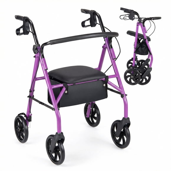Costway Déambulateur à Roulettes avec Siège, Poignées à Hauteur Réglable, Panier de Rangement pour Aînés Violet