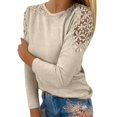 thumbnail image 2 of Hauts pour Femmes Beige Col Rond Couleur Unie Couture Ajourée T-Shirt à Manches Longues pour Sortir, 2 of 5