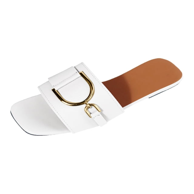 IUJSOY Womens Flat Sandals Summer Comfortable Square Open Toe Slip on Leather Slide Sandals