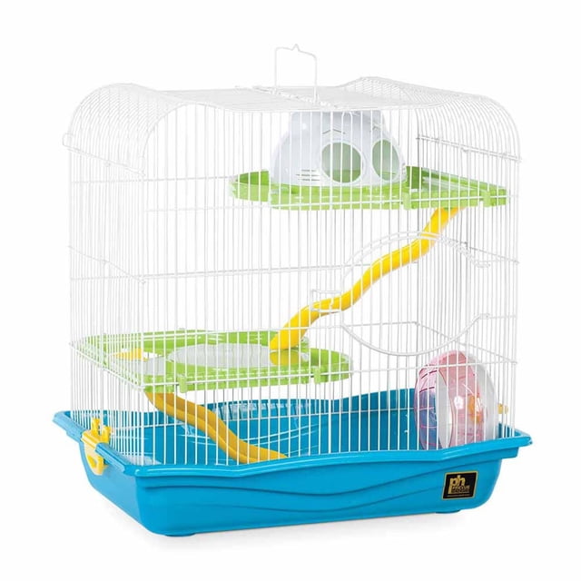 Prevue Pet Medium Hamster Haven with a blue plastic base and white wire cage, featuring two green platforms connected by yellow ramps, a white hideaway dome on the top level, and a pink exercise wheel inside, measuring 17 3/4 by 11 3/4 by 17 3/4 inches, suitable for small animals to explore and stay active.