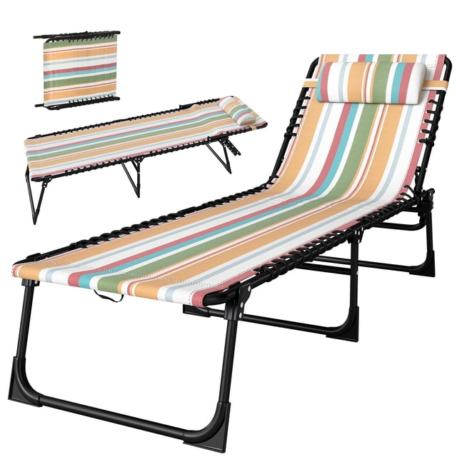 Outsunny Chaise Longue Pliante d'Extérieur, un Lit de Repos Inclinable à Rayures Multicolores avec Tissu en Maille Respirante et Cadre en Acier Enduit de Poudre. Comprend un Dossier Réglable à 4 Niveaux, un Appui-Tête Ergonomique et un design Pliable pour la Portabilité. Idéal pour le camping, la Randonnée, la Cour Arrière Ou la Plage.