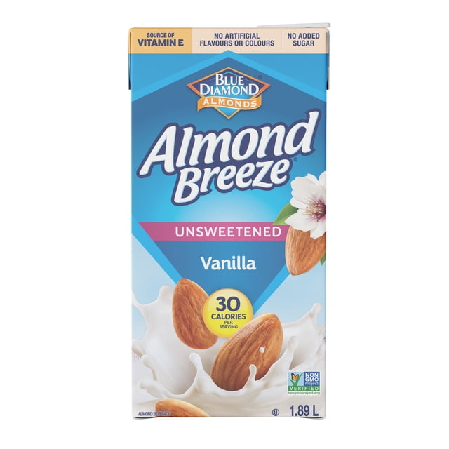 Blue Diamond Vanilla Unsweetened Almond Breeze almondmilk carton in blue and white featuring almonds and vanilla flower, highlighting 30 calories per serving, non-GMO verified, lactose-free, soy-free, calcium enriched non-dairy milk alternative, 1.89 L volume, suitable for cereals, smoothies, cooking, and baking.