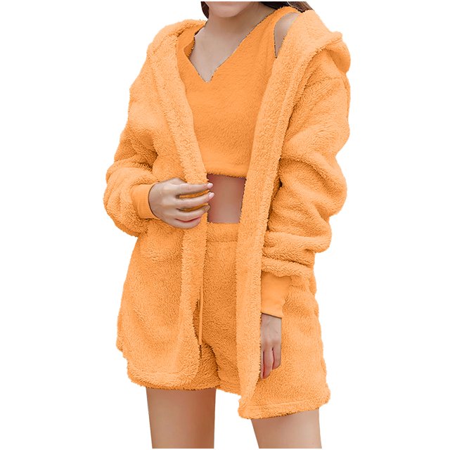 XZNGL Hauts pour Femmes à Manches Longues Hauts à Manches Longues pour Femmes Pyjama en Peluche Uni pour Femmes à Capuche Ensemble Trois Pièces à Manches Longues Hauts pour Femmes à Manches Longues Hauts pour Femmes à Manches Longues