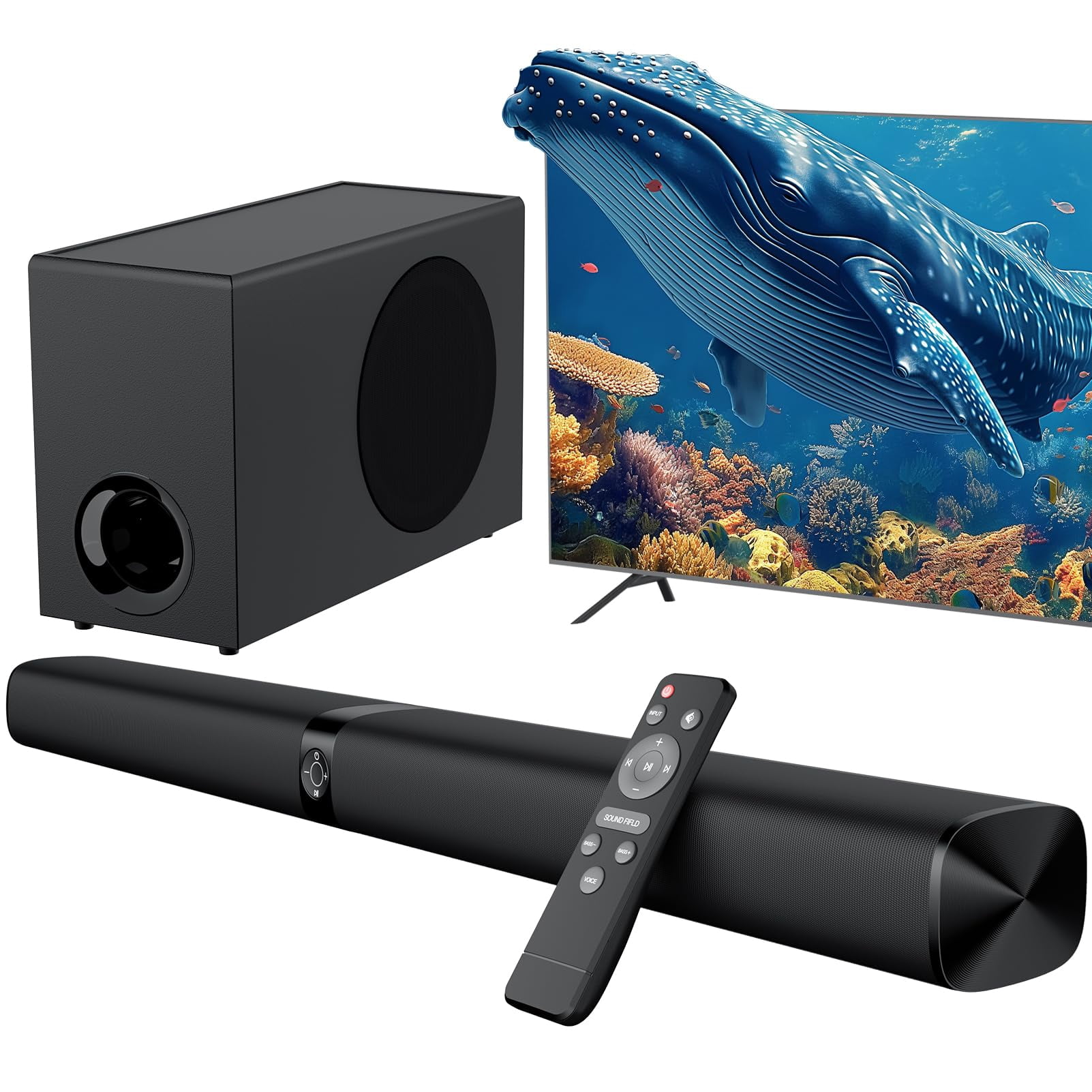 Assistrust Sound Bar with Subwoofer, 110W Sound Bar for Smart TV, with Deep Bass & Volume Boost & 3 Equalizer Modes, Bluetooth/AR