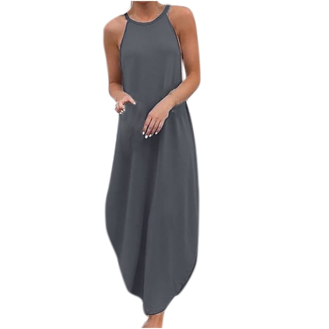 EQWLJWE Longue Robe pour Femmes Robe Décontractée pour Femmes en Coton et Lin à Col Rond, Unie, Sans Manches, Imprimée, Fendue