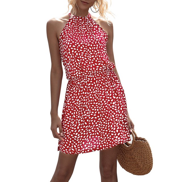 Senjay Robe à Encolure Licou pour Femmes Sans Manches avec Taille Élastique, Robe Courte Imprimée pour l'Été, Robe Courte à Encolure Licou pour Femmes, Robe à Encolure Licou pour Femmes