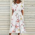thumbnail image 1 of Midi Robes pour les Femmes Été Décontracté en Vrac Boho Imprimé Floral Col Rond Manches Courtes Genou Longueur Robe Froncée avec Poches, 1 of 5