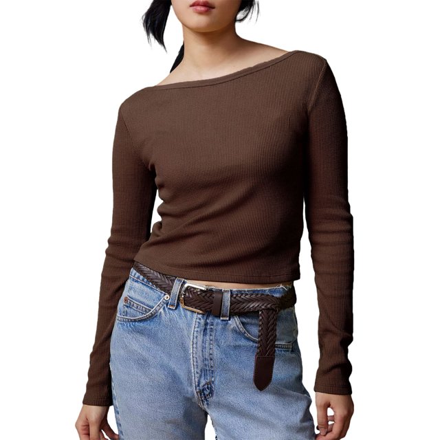 Faithtur T-shirt pour Femmes à Manches Longues, Col Ras du Cou, Uni/rayures, Coupe Ajustée, Hauts d'Automne pour Dames, Mode Urbaine