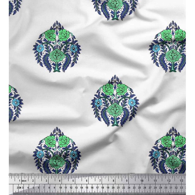 Soimoi Modal Satin Fabric Leaves & Floral Block Print Sewing Fabric Yard 42 Inch Wide