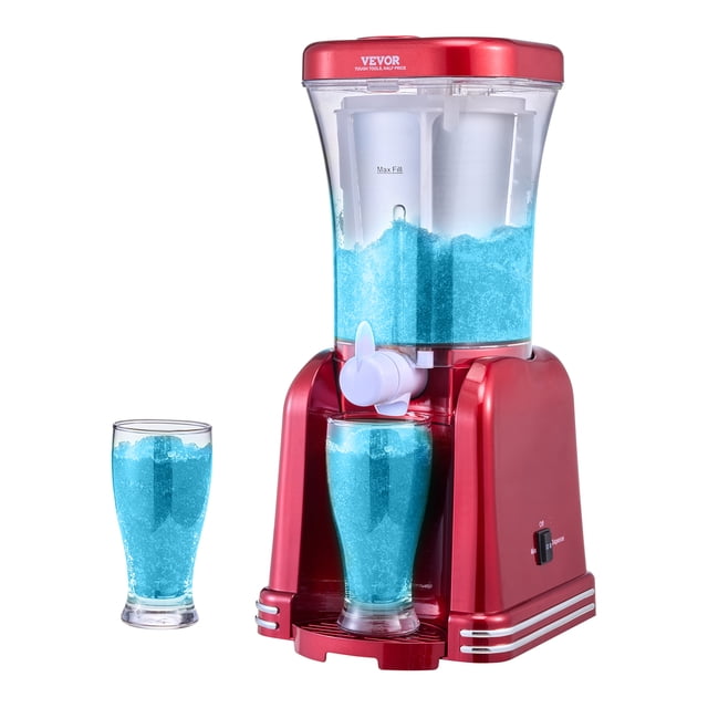 VEVOR Slushy Machine for Home Margarita Slush Maker, a frozen drink maker with a 32oz capacity, displayed in a sleek red design. The clear tank is filled with blue slush, and a dispensing spout pours into a glass on the cup holder. Perfect for smoothies, slushies, and frozen drinks at home or parties.