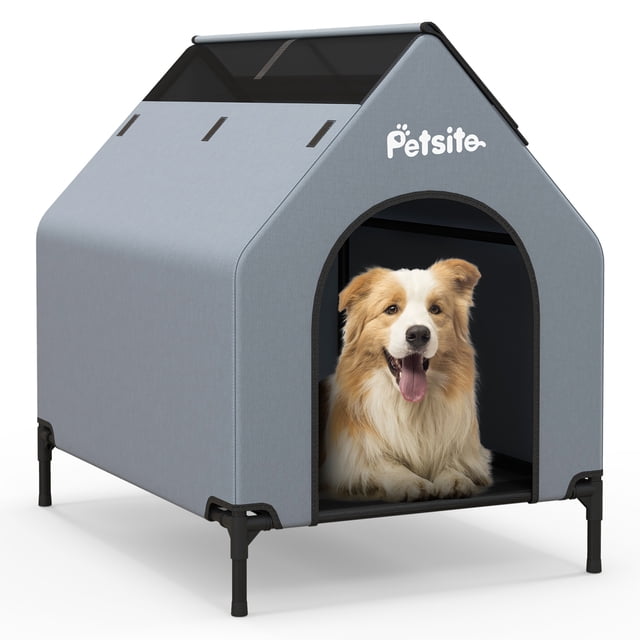 Gymax 36'' Elevated Dog House for Small Breeds Large Pet House with ventilated windows, featuring a grey 600D oxford cloth canopy with waterproof PVC coating and roll-up mesh windows for airflow. Elevated design keeps pets off damp ground, supported by a sturdy metal frame with anti-slip covers. Ideal as a pet shelter or dog crate for small-sized dogs up to 66 lbs.