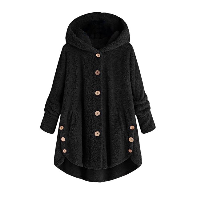Womens Cardigan Plus Size Button Plush Tops Hooded Loose Cardigan Wool Coat Winter Jacket Navy Xl