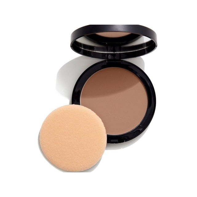 GOSH BB Powder 08 Chestnut compact powder in a black round case with an open lid showing smooth matte brown powder and a beige applicator sponge, providing light coverage with a hydrating, anti-shine finish for a natural complexion.