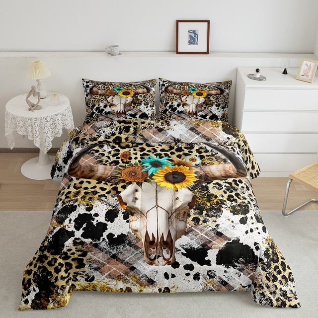Erosebridal Sheep Skull Bedding King Comforter Set, Rustic Sunflower Down Comforter, Leopard Cheetah Print Decor, Reversible