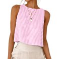 thumbnail image 4 of FAVIPT Womens Cotton Tank Top Button Down Stripes Print Cropped Shirts Crew Neck Summer Beach Loose Tees Pink,S, 4 of 8