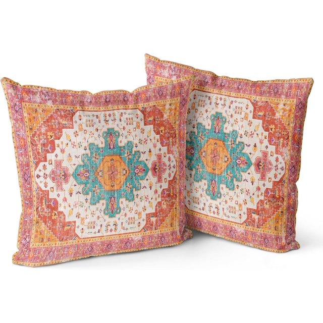 Orange Boho Throw Pillow Covers Set of 2 Monaco Rug Carpet Double Sided Pattern Cotton Soft Pillow Case Cushion Cover Pillowcase for Garden Couch Sofa Bed Decorative 20x20 inch