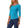 thumbnail image 4 of INSPIRE CHIC Women's V Neck 3/4 Sleeves Solid Knitted Buttons Decor Ruched Top Lake Blue M, 4 of 5