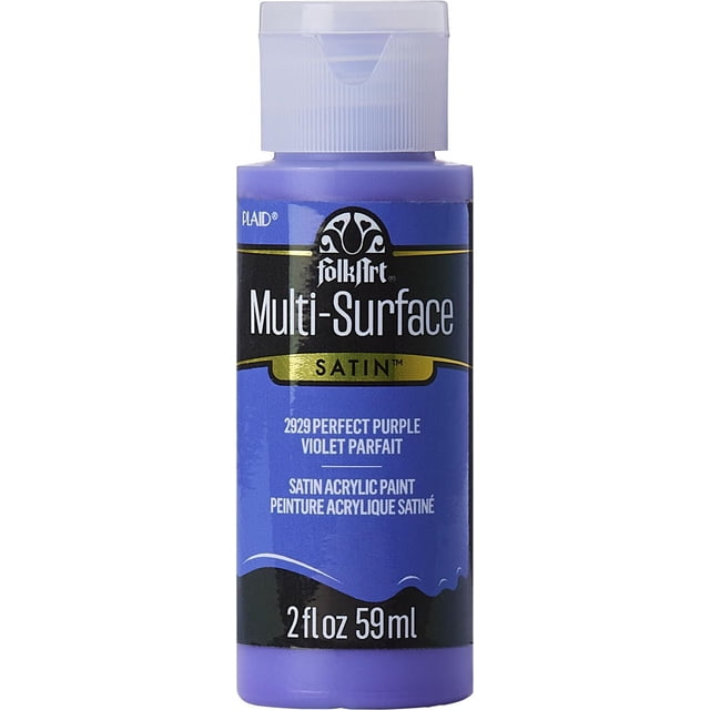 FolkArt Multi-Surface Satin Acrylic Paint 2 fl. oz. in Perfect Purple, a 59 ml bottle of water-based, non-toxic acrylic paint with a satin finish, suitable for indoor and outdoor use on wood, terra cotta, canvas, glass, fabric, and ceramics, offering smooth application and easy cleanup with soap and water.