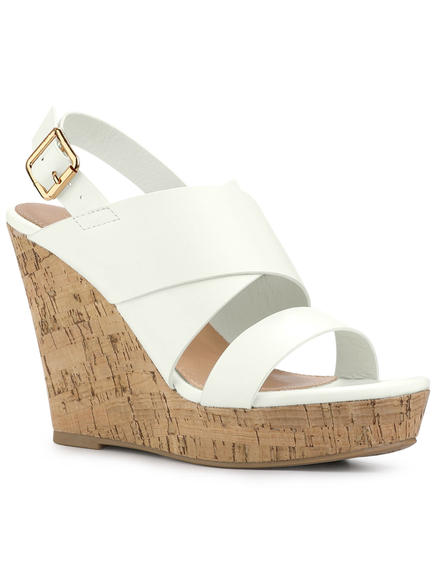 BLISSFUL STEP Sandales pour Femmes à Talons Compensés à Plateforme avec Bride à la Cheville Sandales Blanches 10