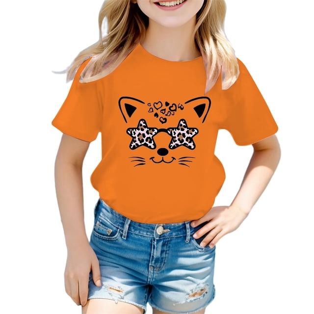 LUOGENLI T-Shirt pour Filles Enfant Filles Mignon Graphique Col Rond Manche Courte Tee Été Décontracté T-Shirt Chemises Plissées pour Filles Longueur Genou Orange 8-9 Ans