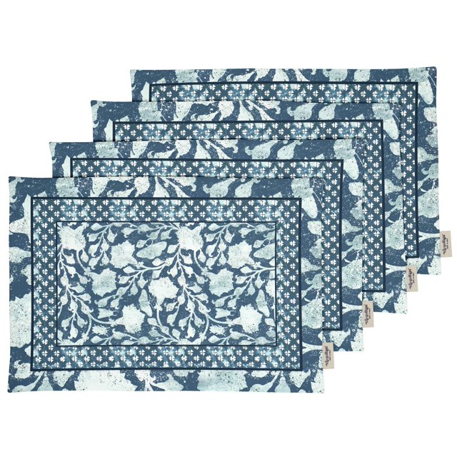 Vargottam Napperons - Napperon pour Table à Manger, Ensemble de 4 - Serviette en Coton Imprimée et Réversible - Napperons d'Intérieur pour Table de Maison et de Cuisine - Batik Asiatique (Bleu Moyen)