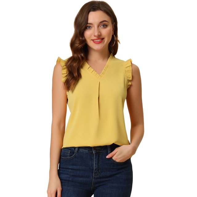 INSPIRE CHIC Blouse de Travail Sans Manches à Volants pour Femme à Col en V Hauts TG Jaune